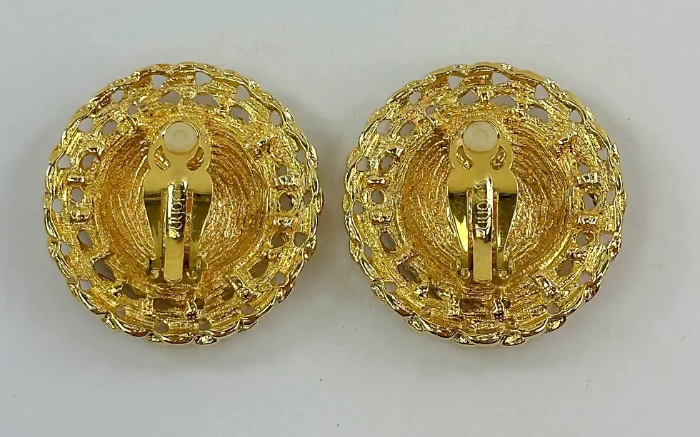 Thumbnail: Vintage ST. JOHN Round Black Enamel Gold Tone Clip On Chain Earrings Signed