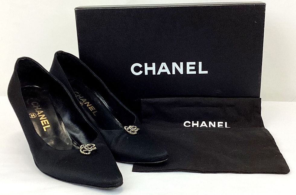 Thumbnail: CHANEL Satin Pumps Heel Shoes 36.5 Black Pointed Toe Crystal Camellia