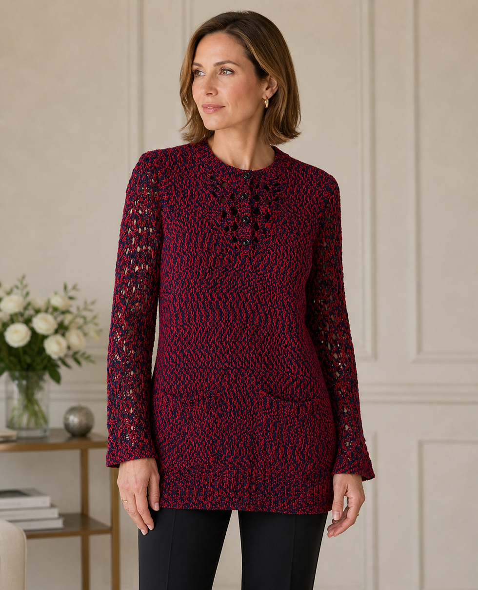 Hình thu nhỏ: CHANEL Crochet Knit Long Sleeve Pullover Top 36 Red Blue Runway Spring 2014