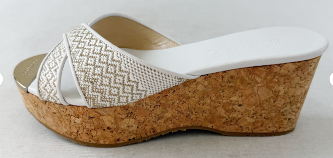 Miniatura: NWB JIMMY CHOO Prima White Cork Wedge Gold Toe Slip On  38