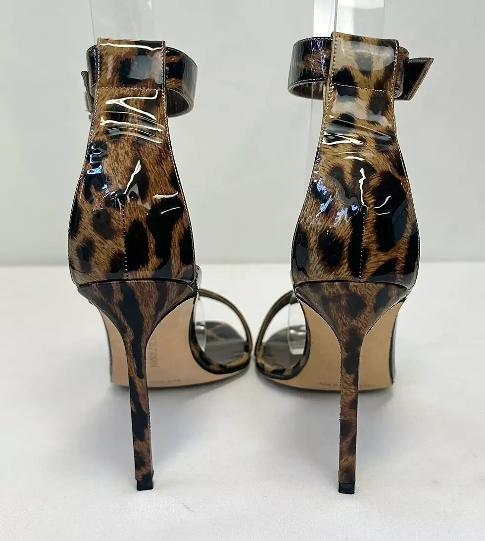 Hình thu nhỏ: MANOLO BLAHNIK Patent Leather Sandals 37.5 Leopard Print Embellished Buckle 7.5