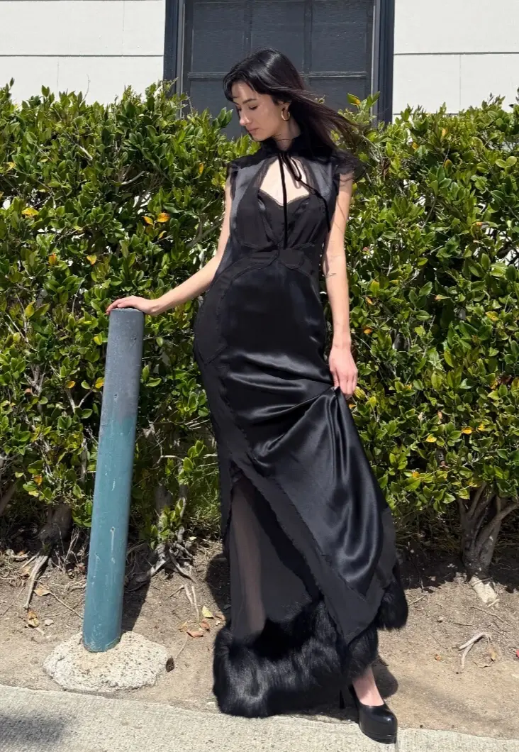 Hình thu nhỏ: NEW YSL YVES SAINT LAURENT COUTURE Silk Lace Fox Trim Gown 40 8 Black Tie 2004