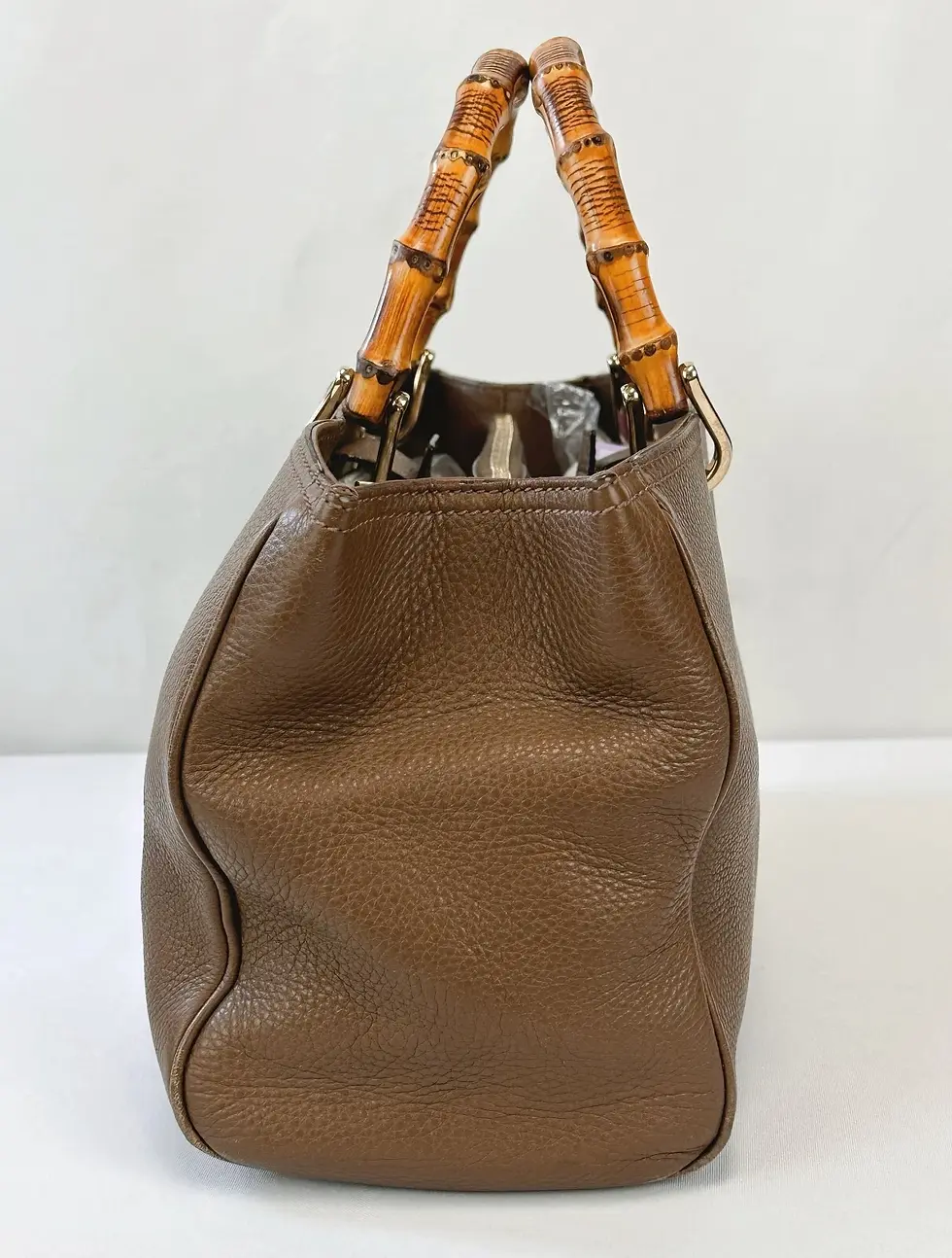 Miniatura: GUCCI Pebbled Calfskin Leather Bamboo Shopper Tote Medium Brown Handbag