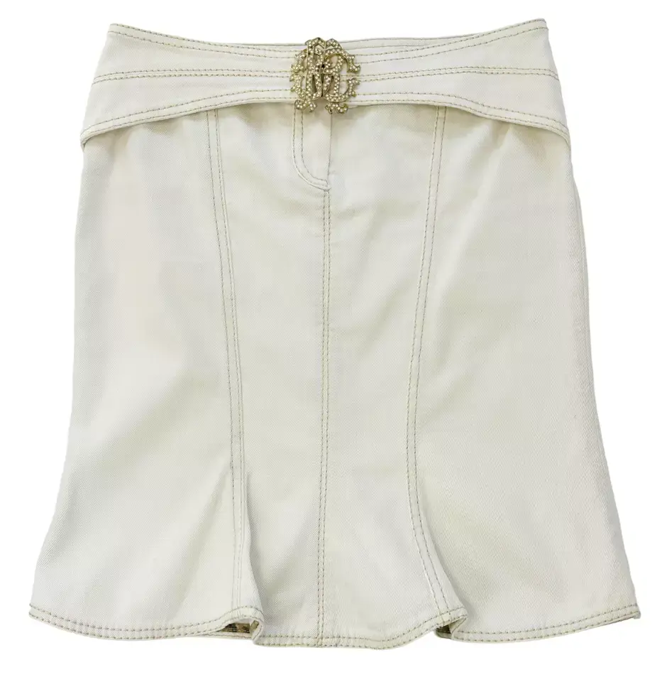 Hình thu nhỏ: ROBERTO CAVALLI Cotton Denim Skirt 40 4 US Oatmeal Belted Rhinestones