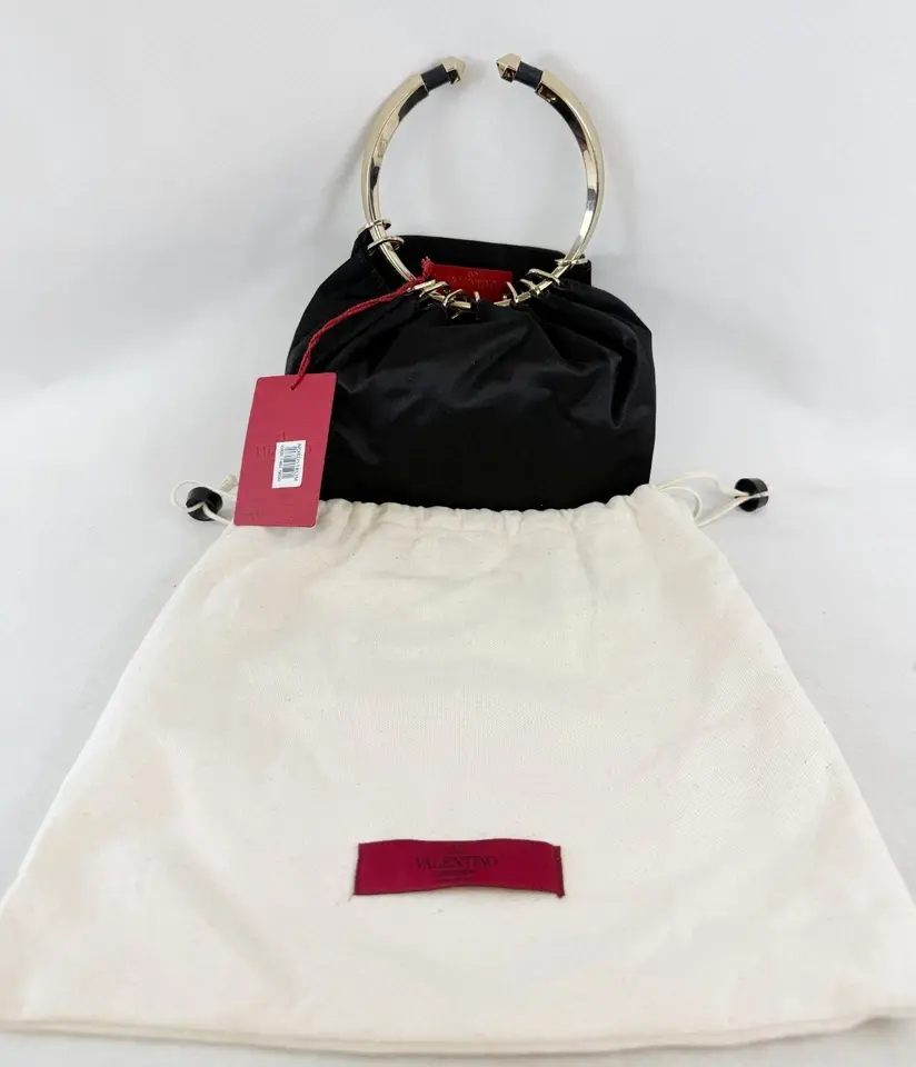 Thumbnail: VALENTINO GARAVANI Bebop Handbag Small Black Satin Satchel Loop Gold Handle