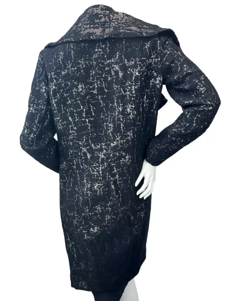 縮圖：NWT DONNA KAREN Cracked Metallic Lame Brocade Black Wool Blend Midi Coat S Small