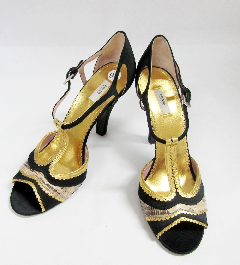PRADA Black Satin Gold Python Strappy Sandals 39.5 9.5