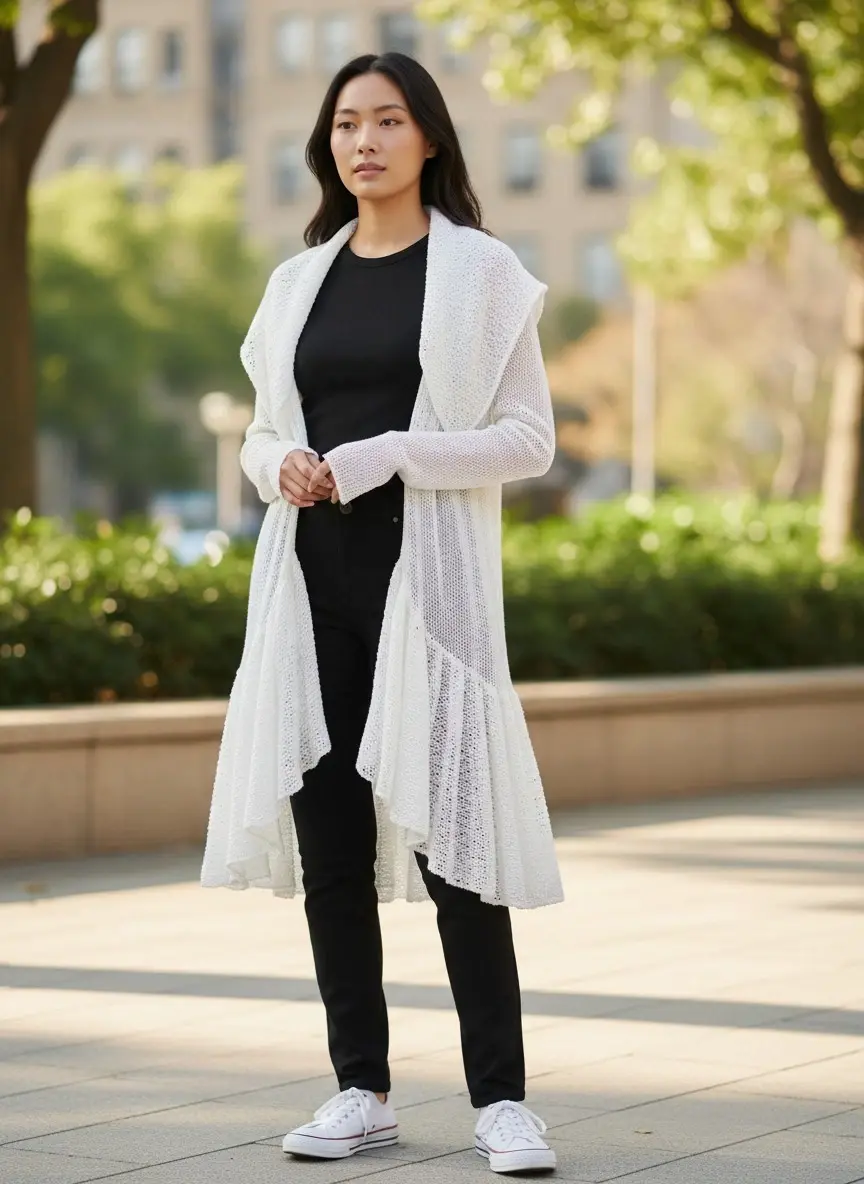 NWT CASMARI Knit Open Cardigan 1 White Flowy Long Sleeves Ruffled Asymmetric Hem