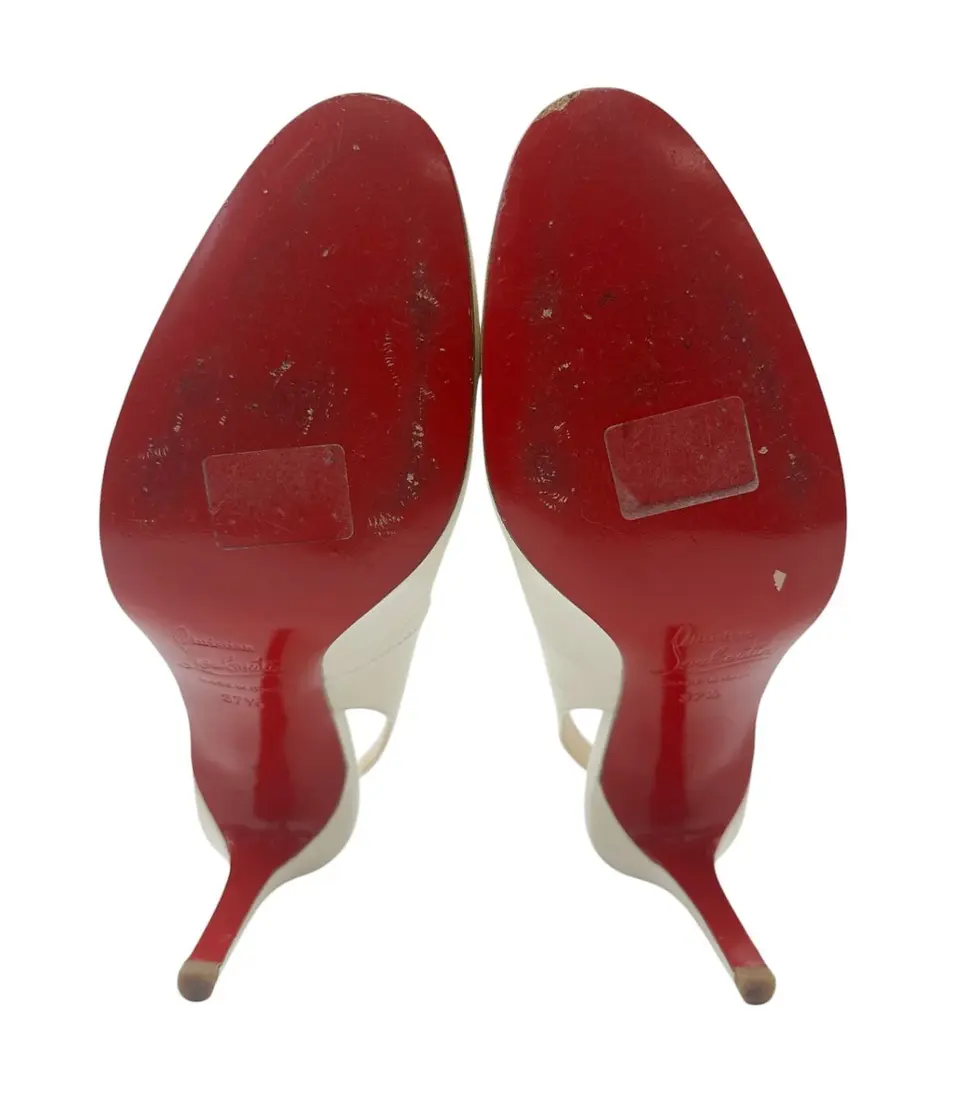 Hình thu nhỏ: CHRISTIAN LOUBOUTIN Leather Slingback Pumps 37.5 7.5 Ivory Round Toe Shoes VTG