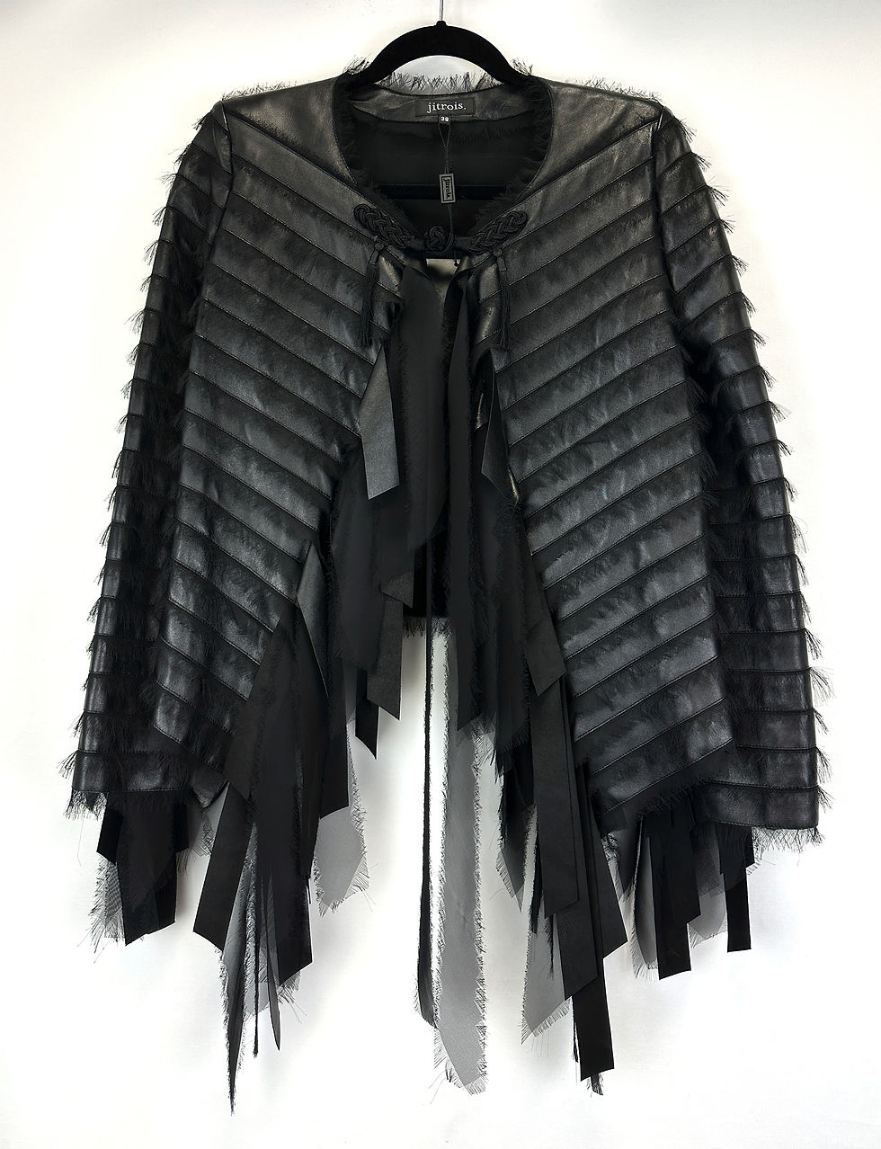Thumbnail: JITROIS Black Lambskin Leather Jacket Silk Fringe Long Tassel 38