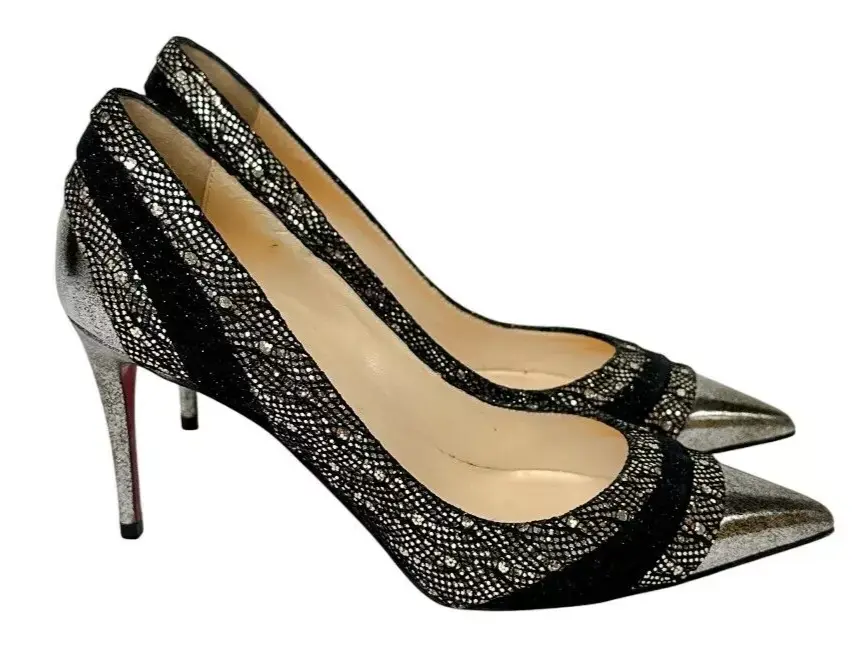 Thumbnail: CHRISTIAN LOUBOUTIN Eklectica 85 Heels Pumps 35.5 Black Gold Glitter Pointed Toe