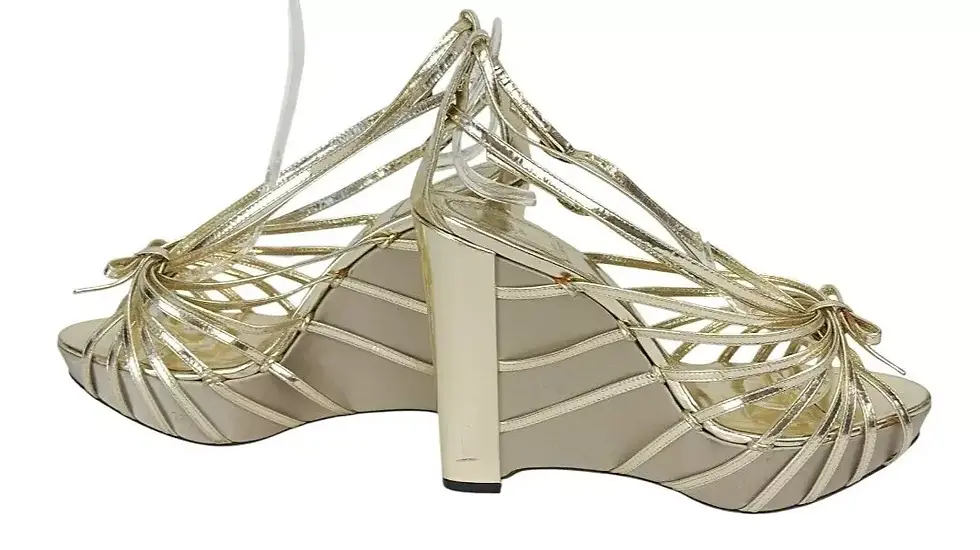 Hình thu nhỏ: CHRISTIAN DIOR Leather Platform Wedges Sandals 39.5 Gold Bow Strappy