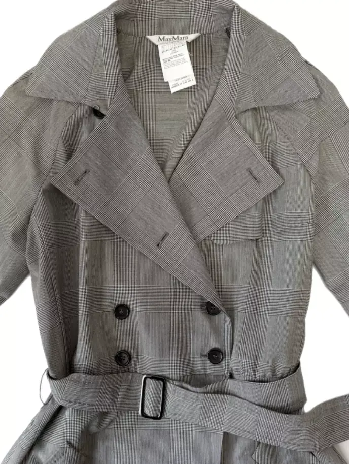 縮圖：NWOT MAX MARA Tamigi Checked Virgin Wool Canvas Pocket Dress Trench Grey 10