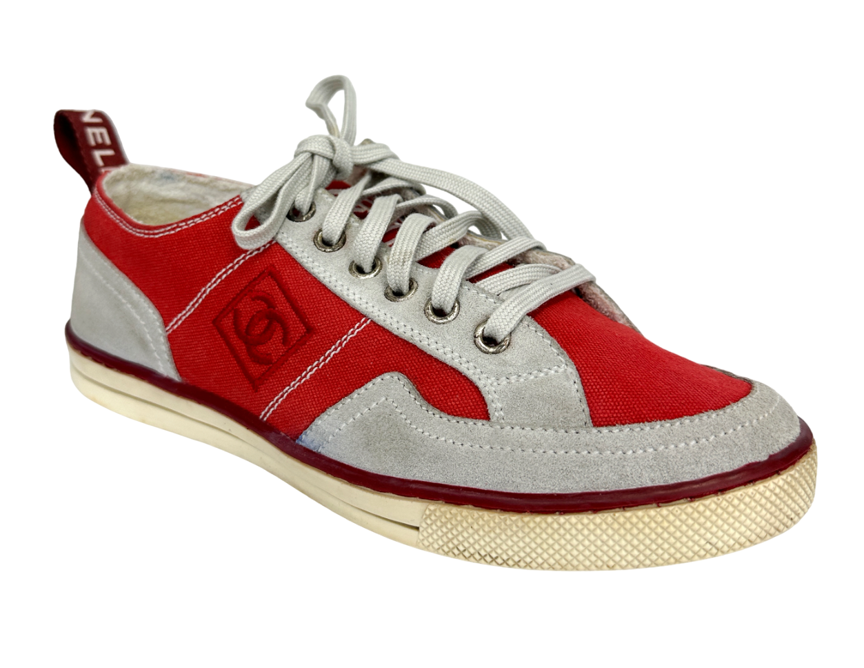 CHANEL Canvas Tennis Low Top Sneakers Shoes 37.5 Grey Red Suede CC Logo