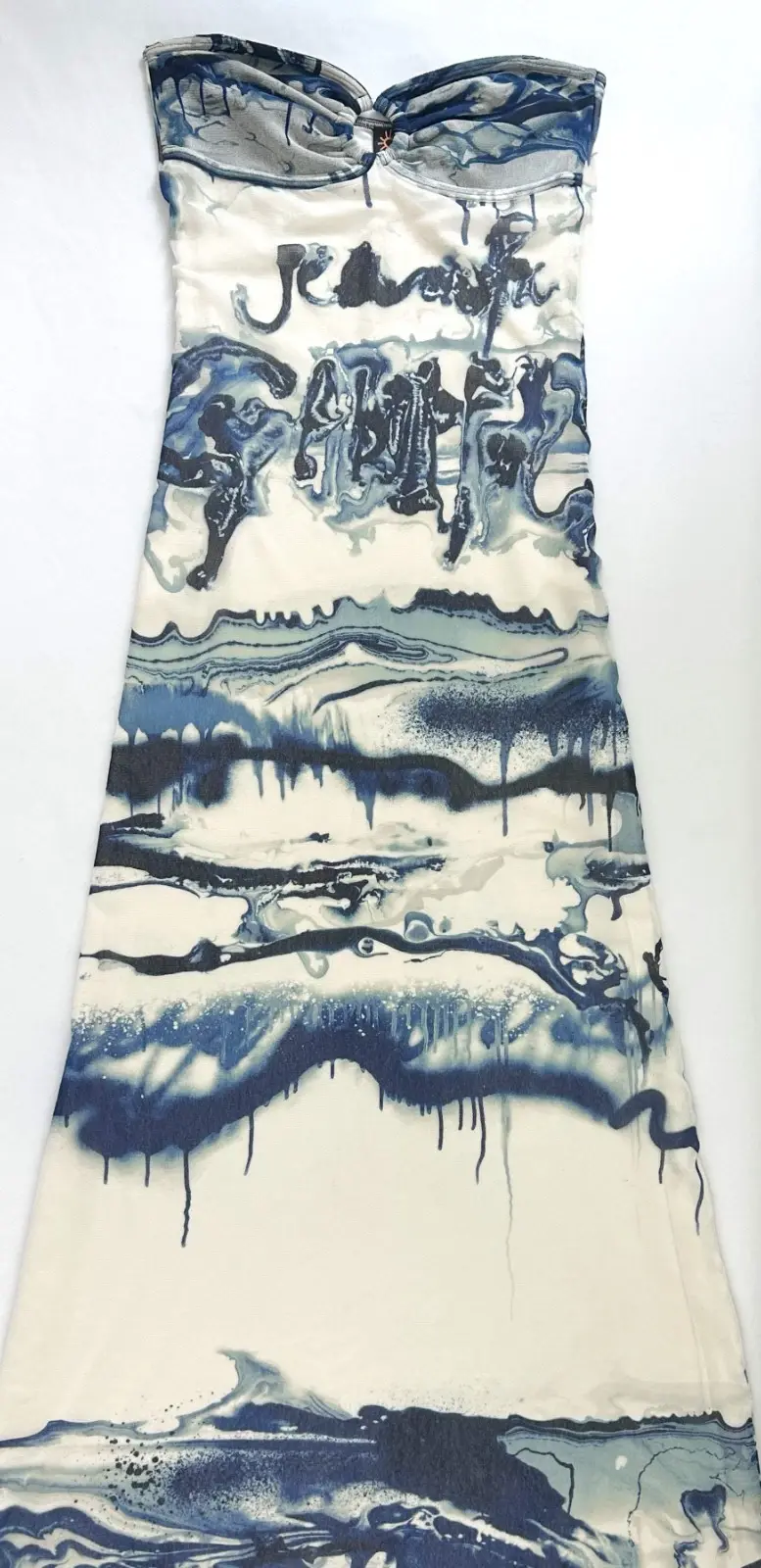 Miniatura: JEAN PAUL GAULTIER "Curve" Mesh Strapless Maxi Dress Small Blue White Vintage