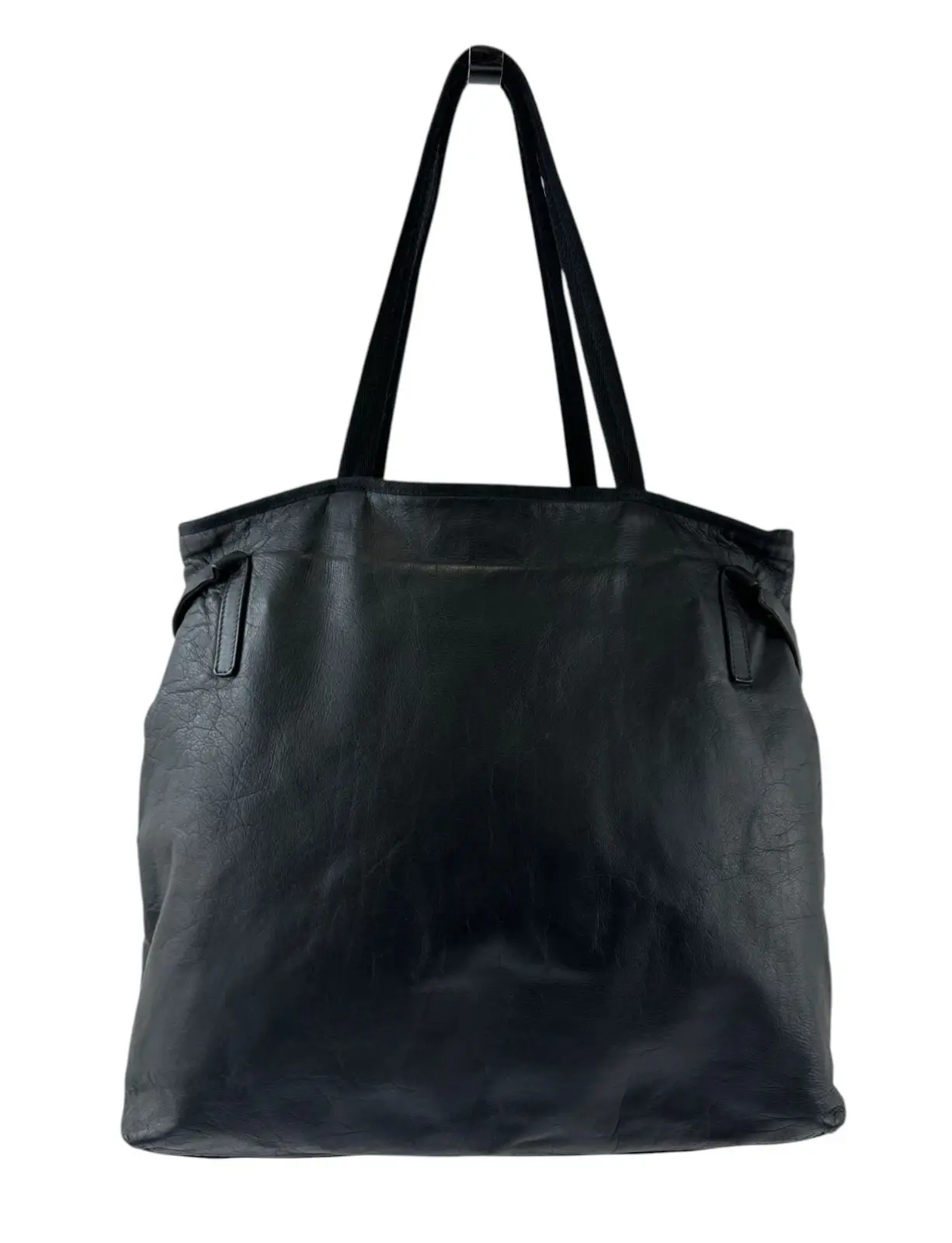 Vintage PRADA Leather Tote Shoulder Bag Large Black Logo Side Silver Buckle L