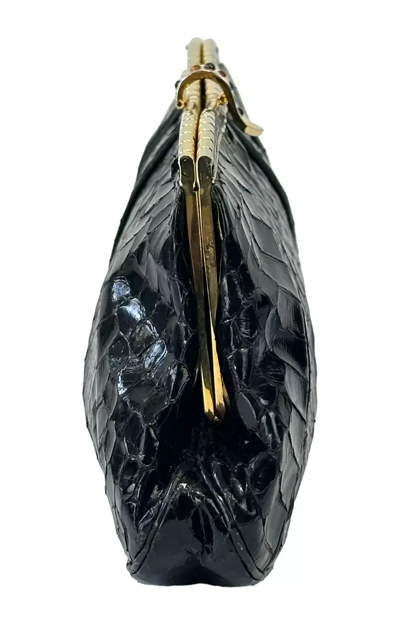 Hình thu nhỏ: JUDITH LEIBER Snakeskin Leather Clutch Bag Small Black Gold Multi Stones