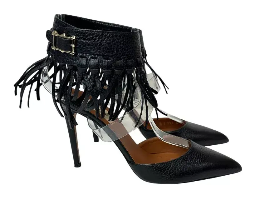 Hình thu nhỏ: VALENTINO Garavani Calfskin C Rockee Fringe Pumps 37.5 7.5 US Black Ankle Wrap