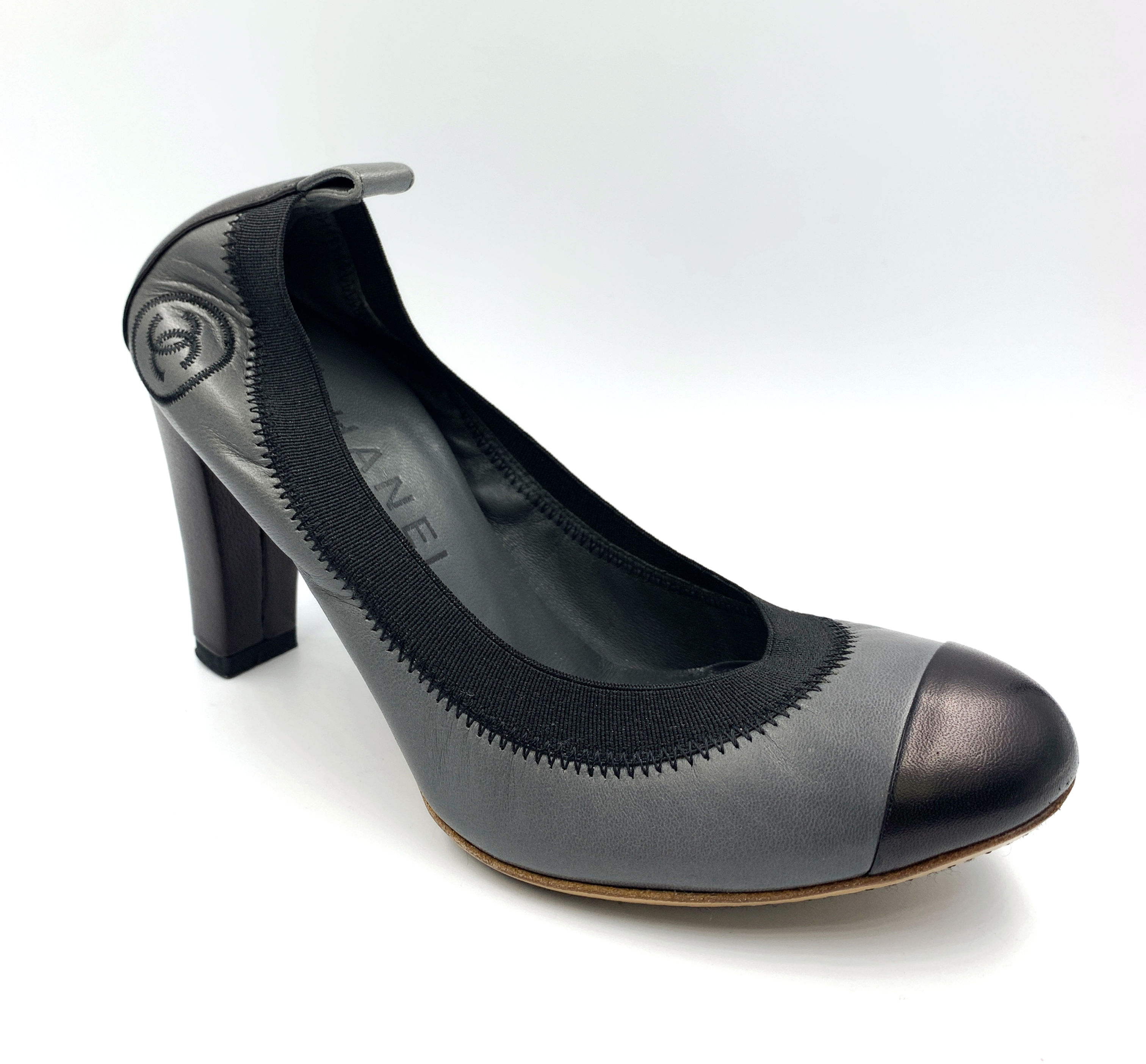 CHANEL Stretch Spirit Interlocking CC Logo Pumps Grey 35.5 US 5