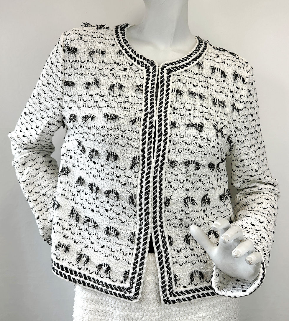 縮圖：ST. JOHN BOUTIQUE 2PC White & Black Tweed Fringe Bow Jacket Skirt Suit 8
