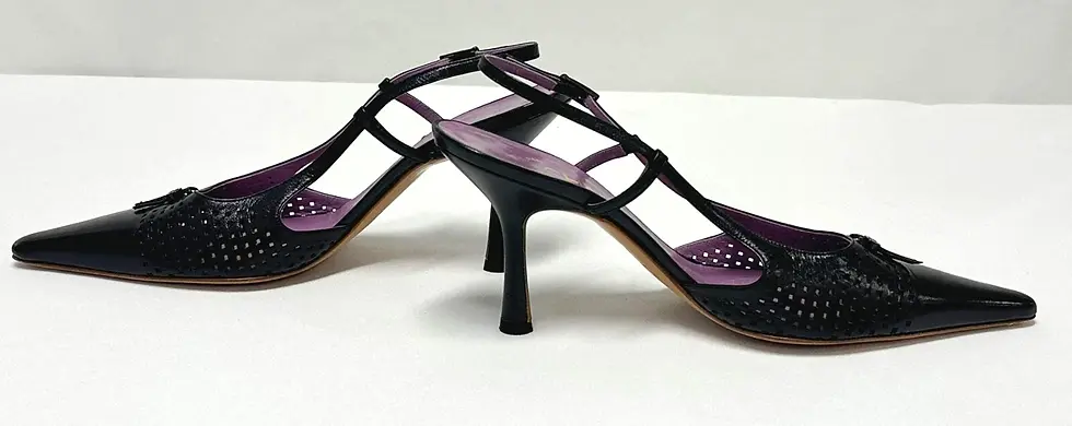 Thumbnail: CHANEL Lambskin Perforated Slingback Pumps Heels 38.5 7.5 US Black Bow