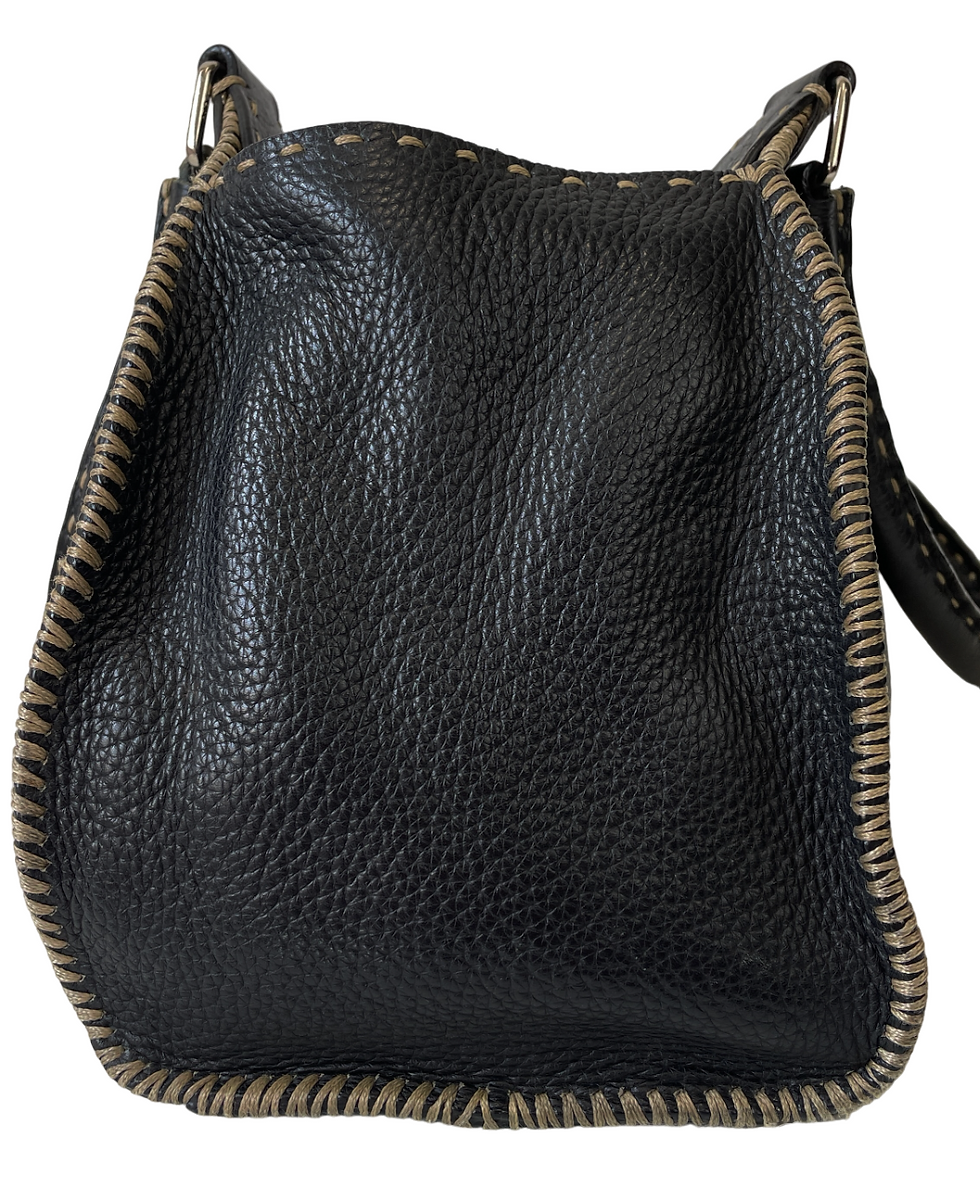縮圖：FENDI Anna Selleria Leather Shoulder Bag Black Silver Hardware Medium