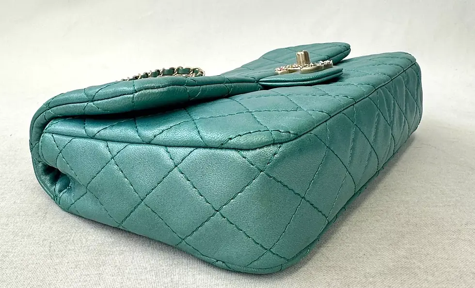 Hình thu nhỏ: CHANEL Quilted Leather Single Flap Shoulder Bag S Iridescent Turquoise Crystal