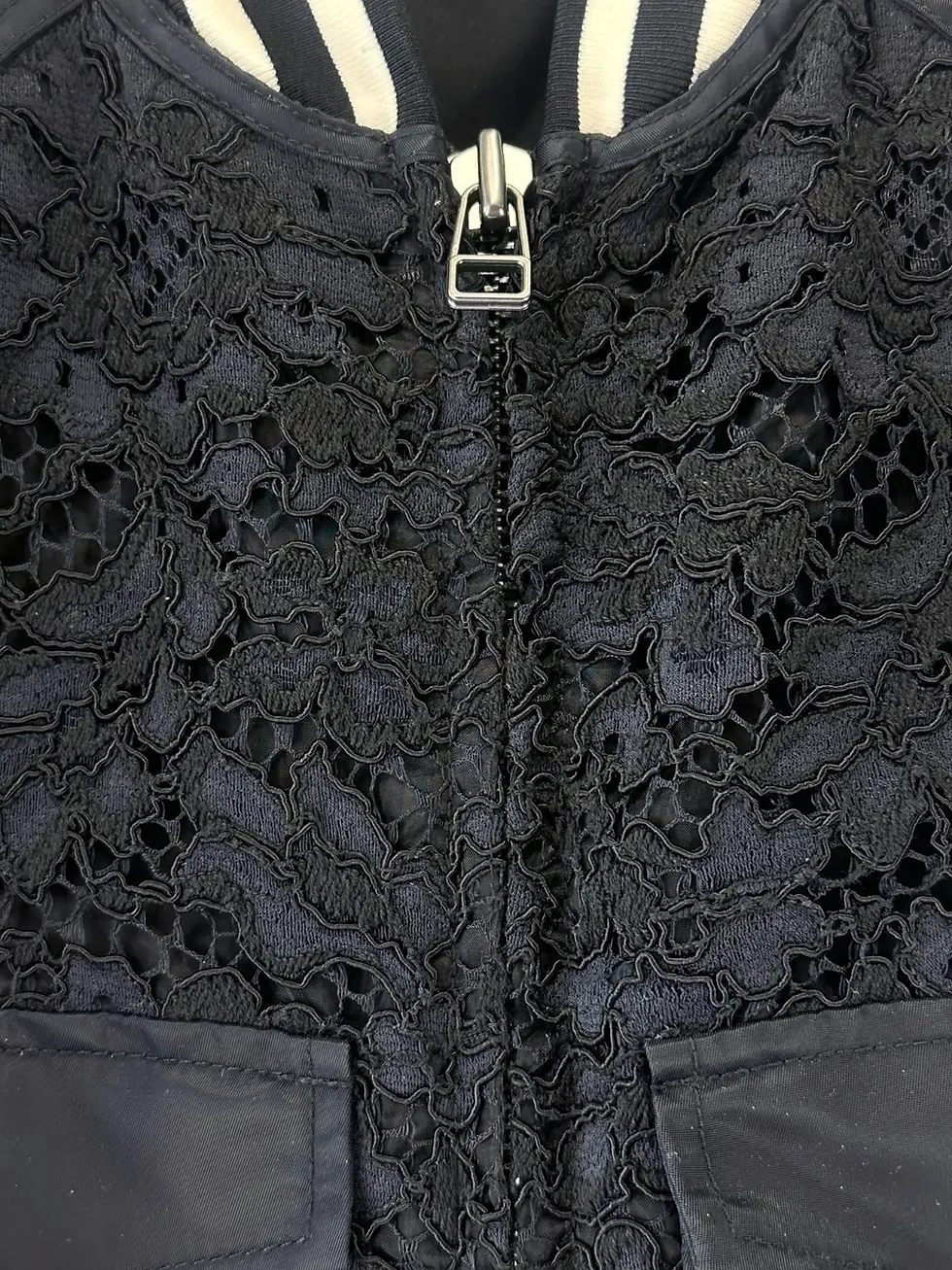 Thumbnail: VERONICA BEARD Jones Bomber Jacket 6 Small Black White Lace Nylon Striped