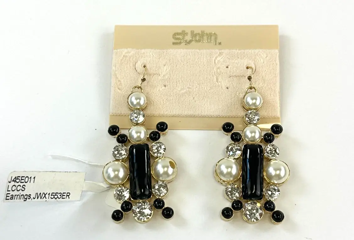 ST. JOHN Rhinestone Pearl Dangling Drop Earrings Black 22K Gold Plated Fish Hook