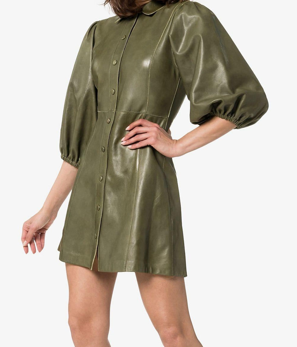 Hình thu nhỏ: GANNI Green Meranti Puffed Sleeve Button Down Leather Dress 42 10 12