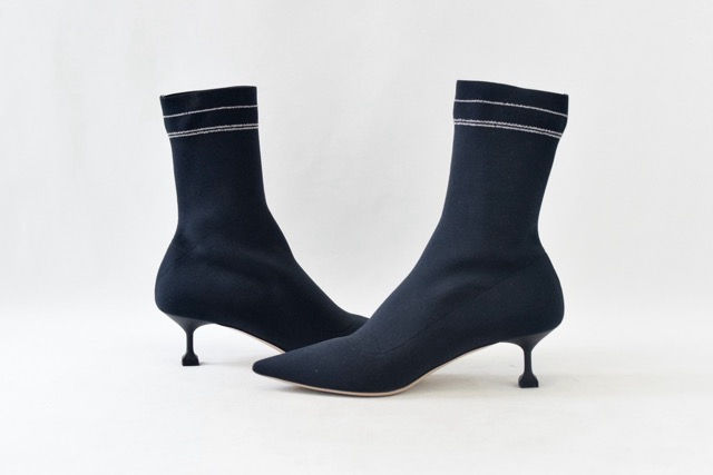 MIU MIU Fabric Sock Boots 37.5 Black Pointed Toe Logo Square