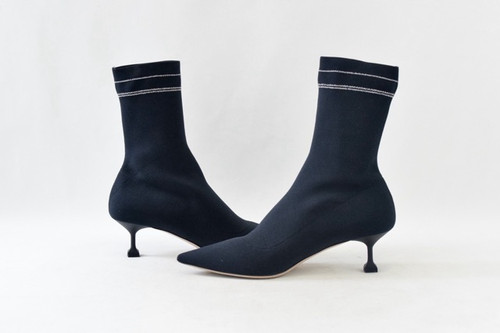 MIU MIU Fabric Sock Boots 37.5 Black Pointed Toe Logo Square