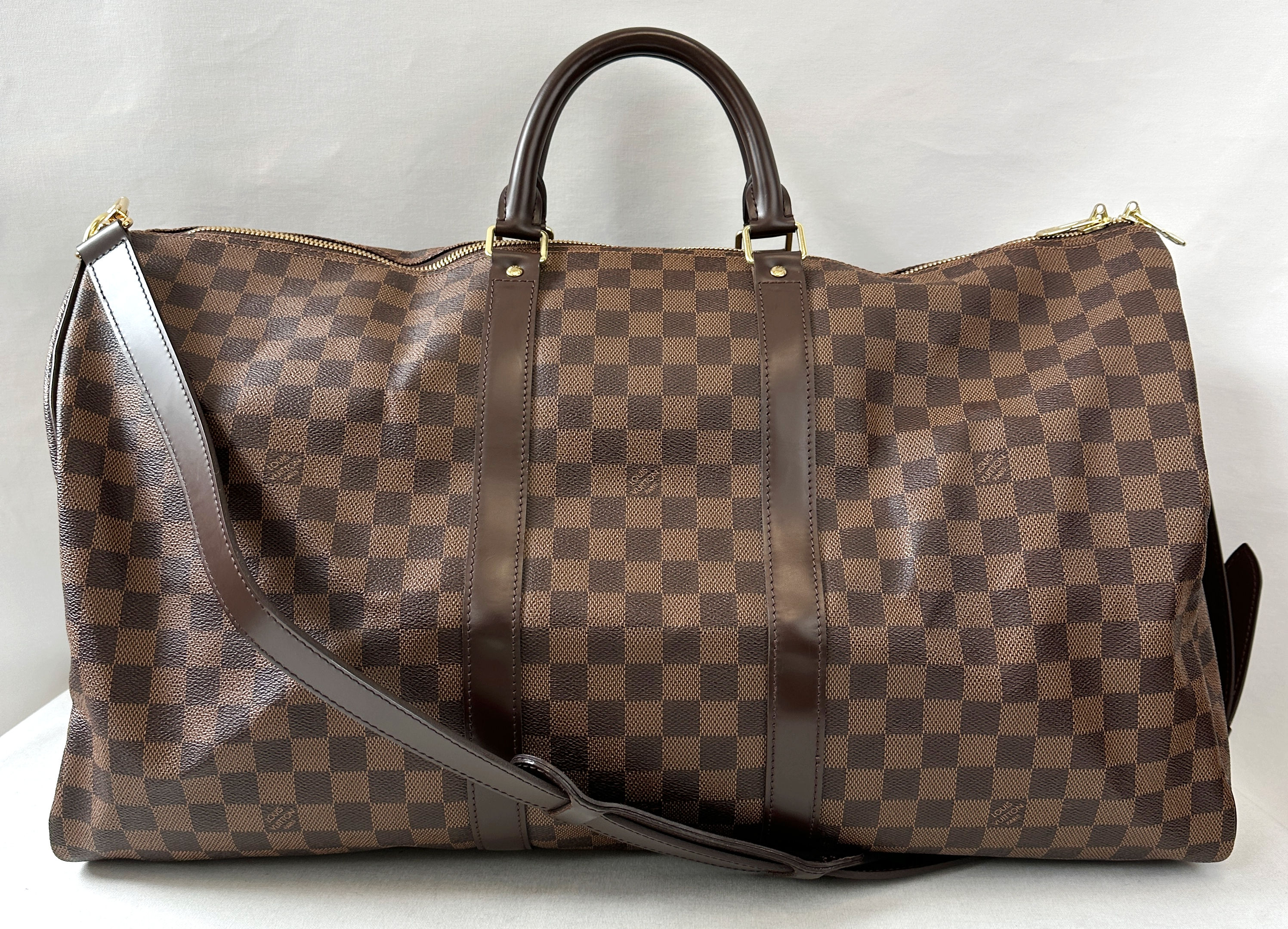LOUIS VUITTON Brown Damier Ebene Canvas Keepall Bandouliere Travel Duffle Bag 55