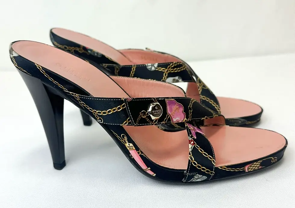 Thumbnail: Vintage GUCCI Satin Crisscross Heels Sandals 7.5 Black Techno Charms Print Slip
