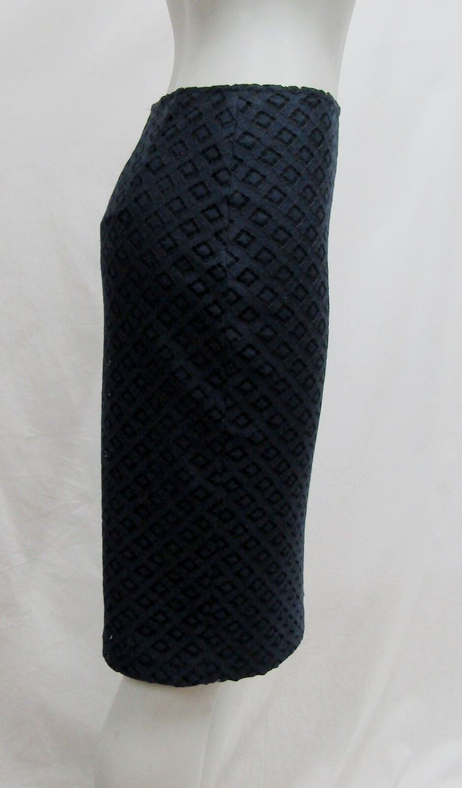 Hình thu nhỏ: NEW ST. JOHN Pencil Skirt 2 Navy Blue Diamond Crochet Lace Lined Cotton Blend