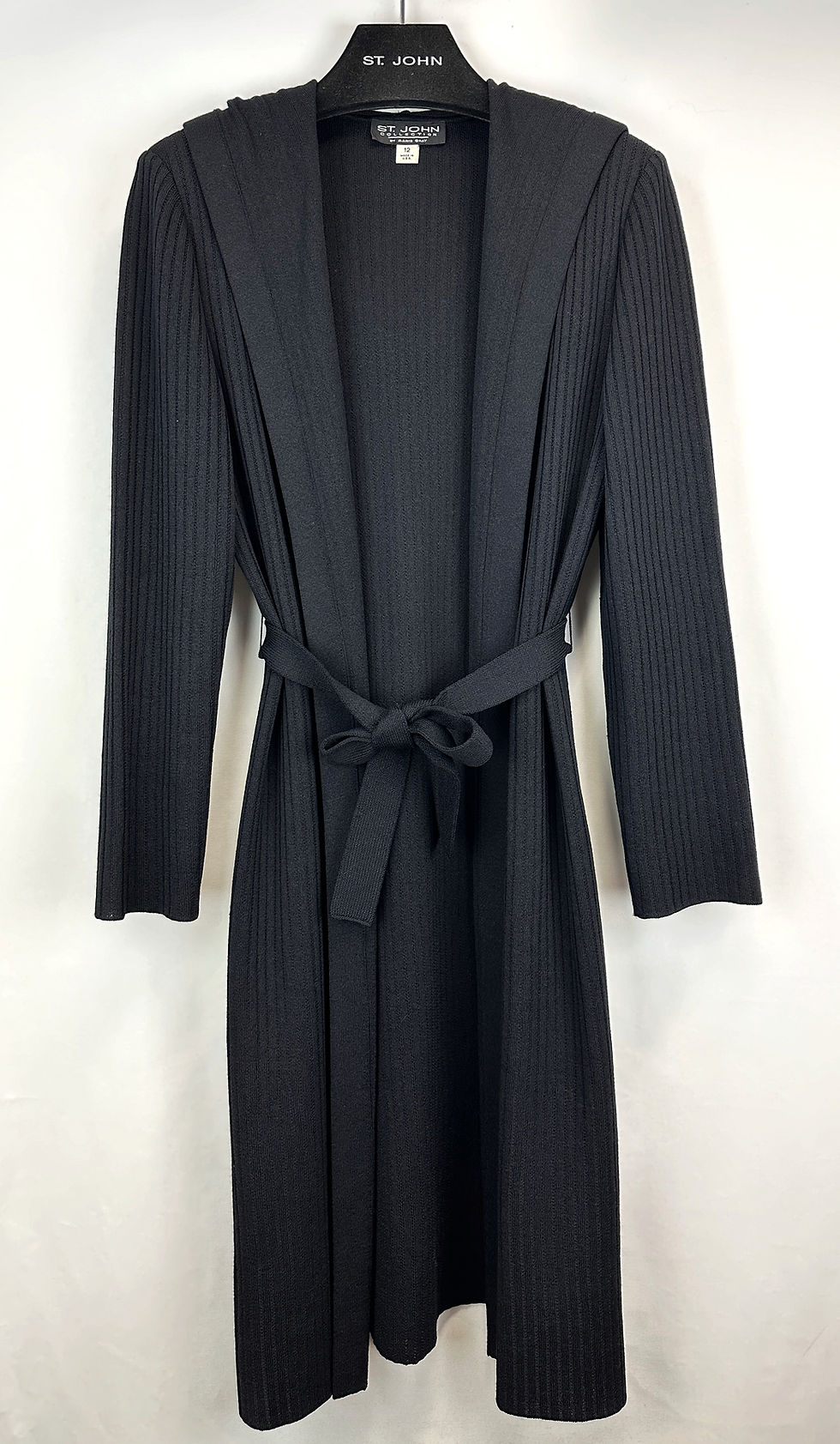 Hình thu nhỏ: Vintage ST. JOHN Collection Knit Long Cardigan Jacket 12 Black Hooded Belted L