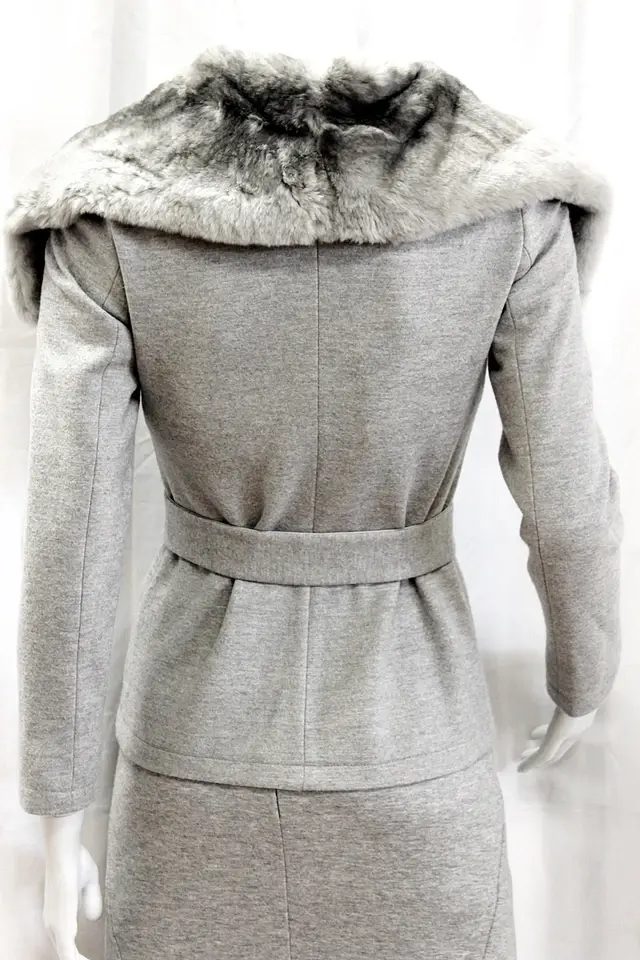 Miniatura: MAX MARA GRAY Quincy JACKET SKIRT Set  RABBIT FUR COLLAR 38 4 Wool Belt Suit