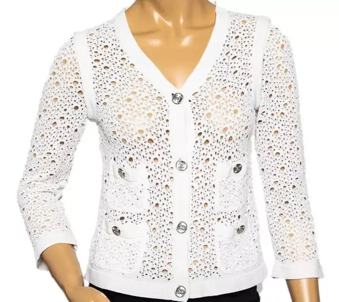 Hình thu nhỏ: CHANEL Crochet Cardigan Jacket 36 White CC Logo Buttons Spring/Summer 2012