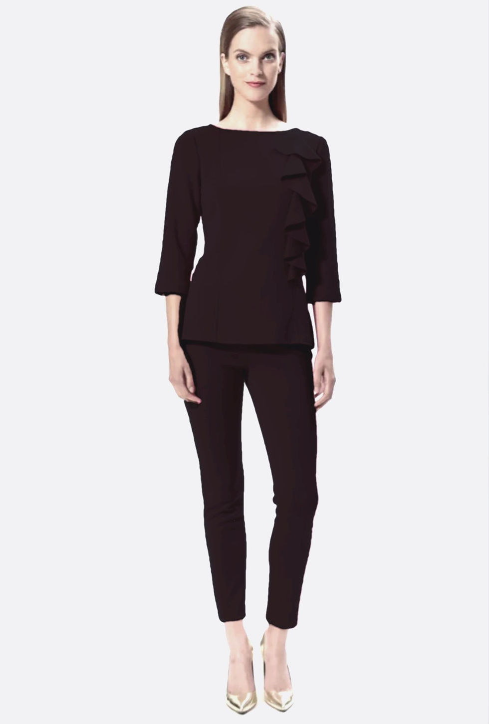 NWOT ST. JOHN Wool Knit Top 14 Black Ruffle 3/4 Sleeves Boat Neck Large Milano