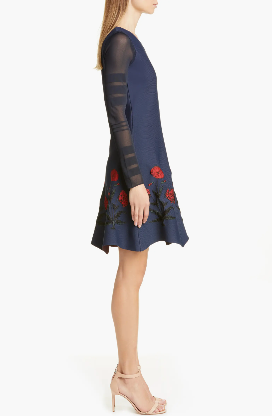 Hình thu nhỏ: OSCAR DE LA RENTA Illusion Long Sleeve Poppy Knit Flare Dress XS Navy