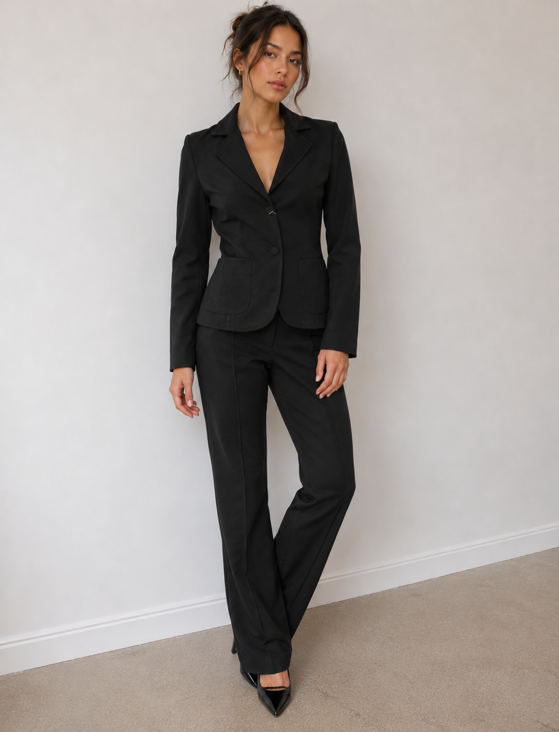 BALLY 2PCS Wool Jacket Straight Leg Pants Suit 4 6 Black Single Breasted