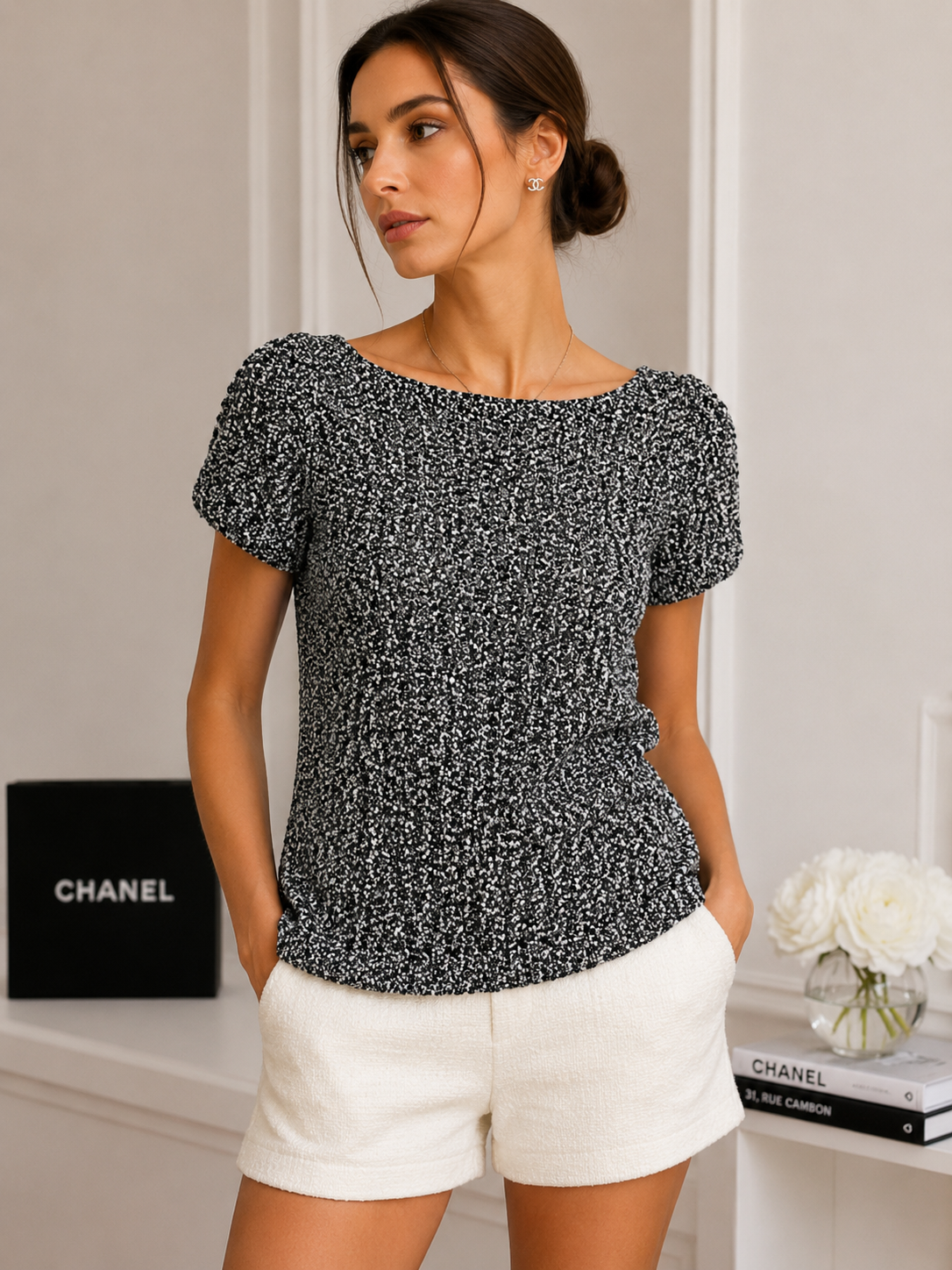CHANEL Knit Short Sleeve Top Sweater 4 40 Black White Boat Neck Pullover