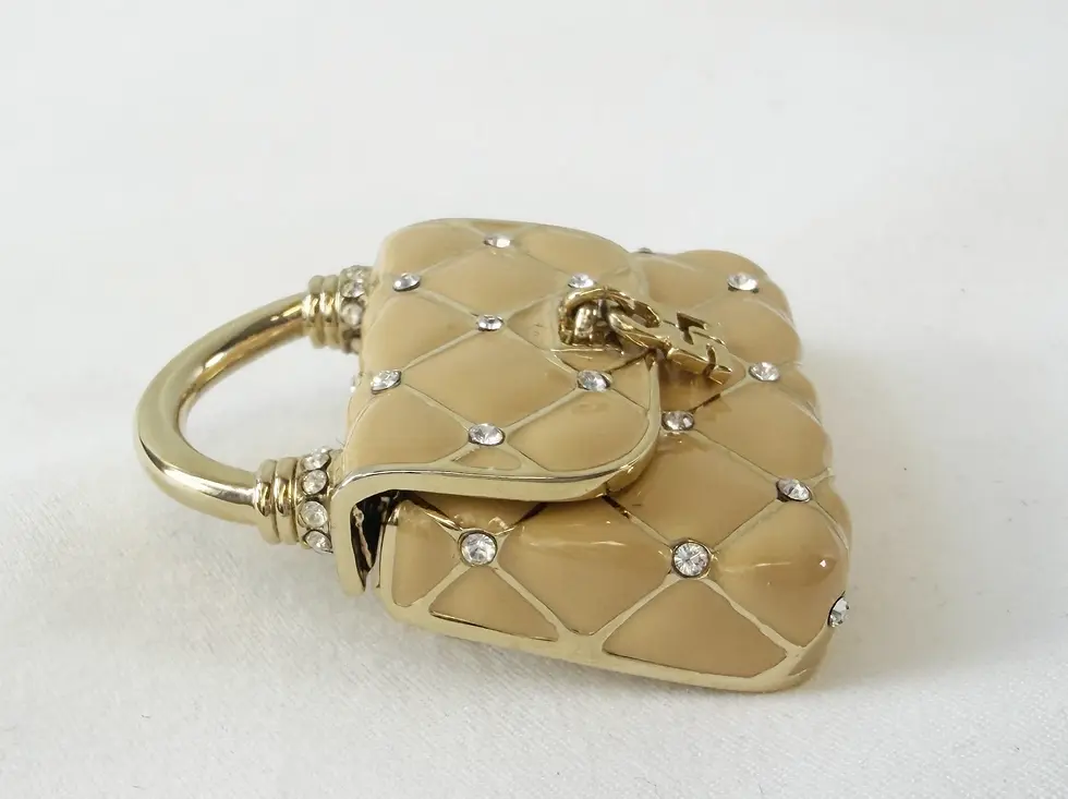 縮圖：NEW ST. JOHN Handbag Mini Brooch Pin Tan Enamel Crystals 24KGP Logo Enhancer
