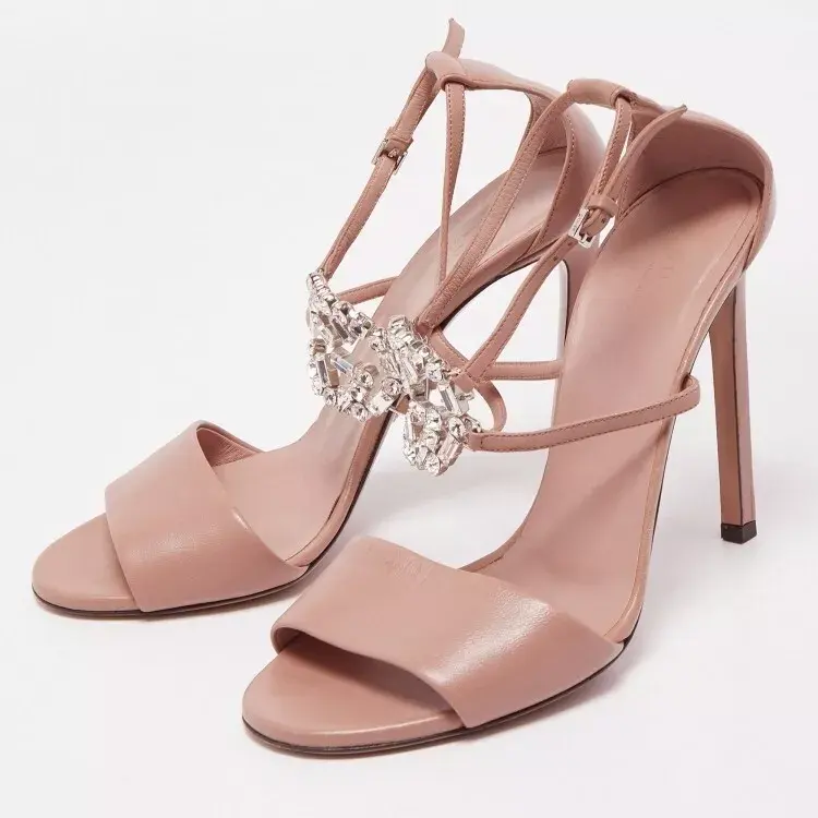 Hình thu nhỏ: GUCCI Dusty Pink Leather Crystal Embellished Interlocking G Sandals 39 9 Heels