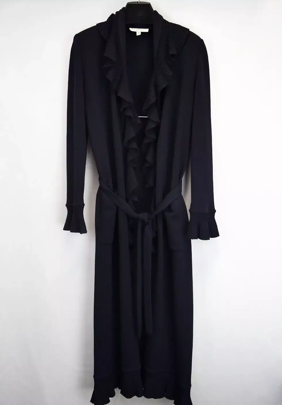 Miniatura: ST. JOHN Collection Knit Long Kelly Cardigan 8 Black Ruffle Belted Maxi