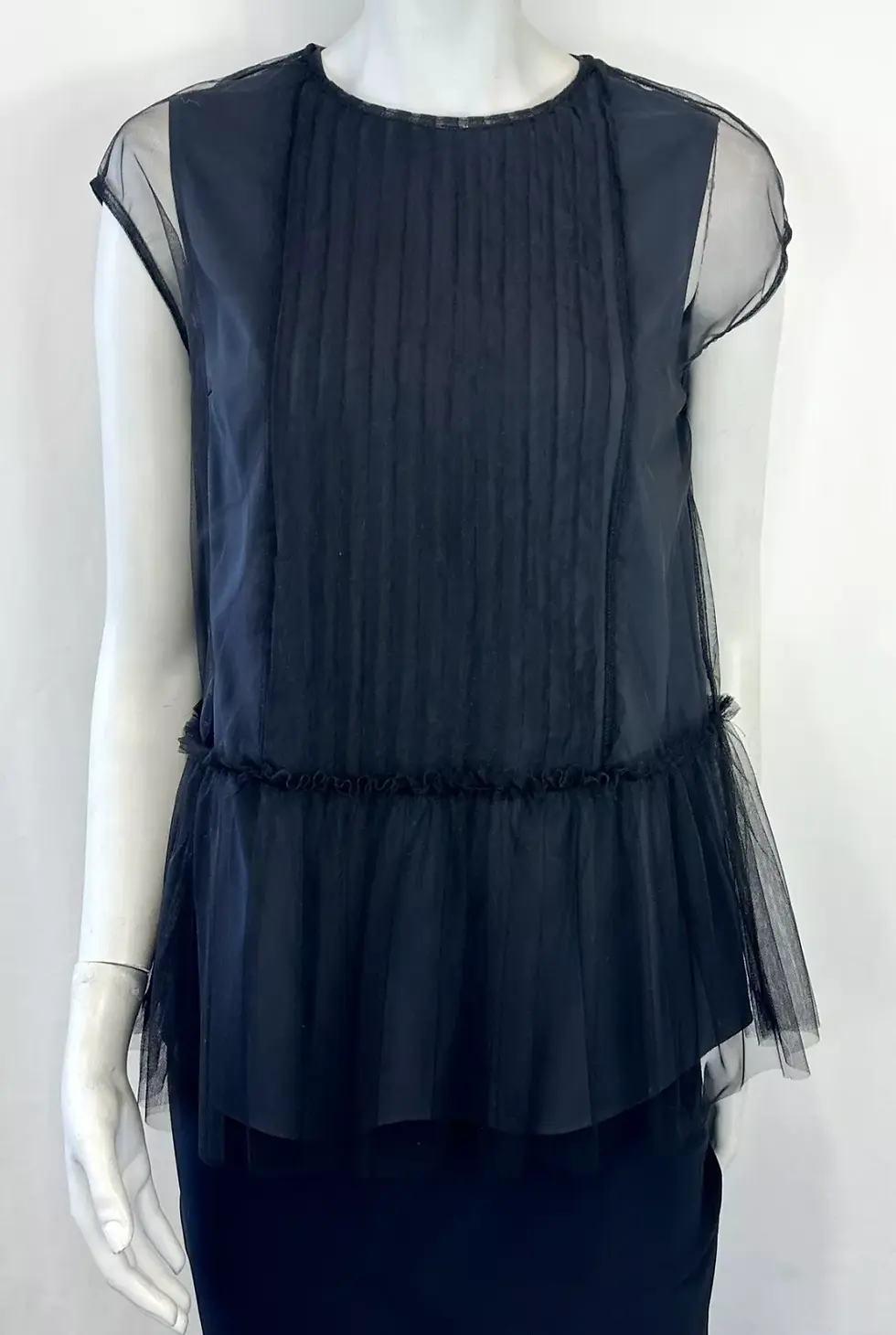 Thumbnail: BRUNELLO CUCINELLI Silk Tulle Overlay Pleated Blouse Top Small Black Peplum