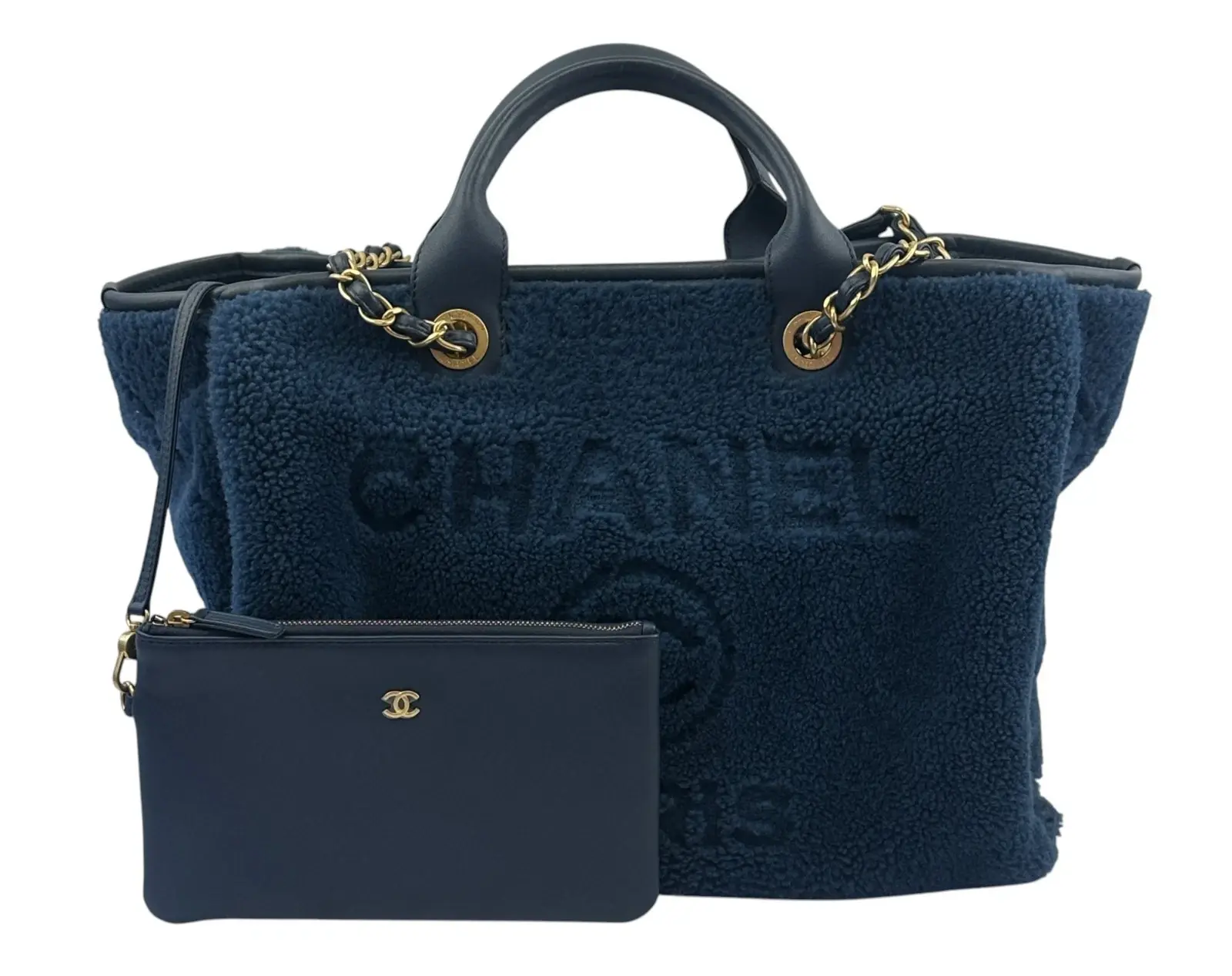 CHANEL Deauville Shearling Tote Shopping Bag Large Navy Gold Hardware CC NEW