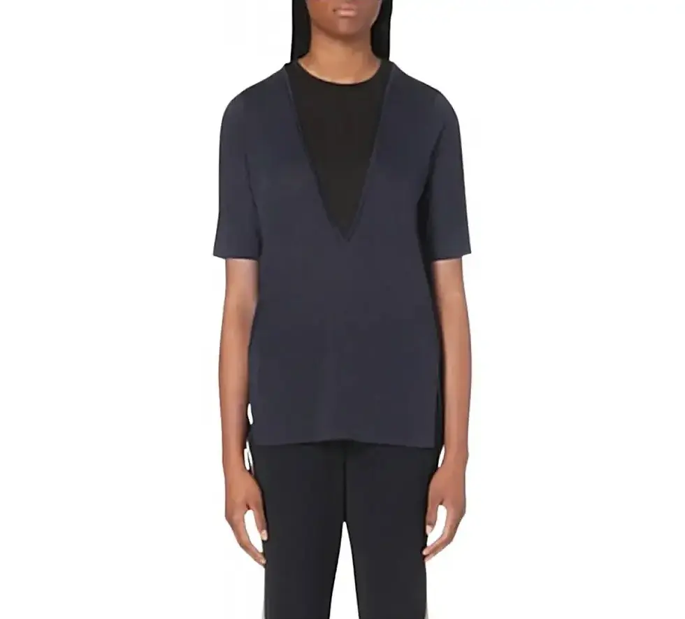 Thumbnail: VINCE Stretchy Jersey Short Sleeve Top XS Navy Black Mesh Insert Round Neck