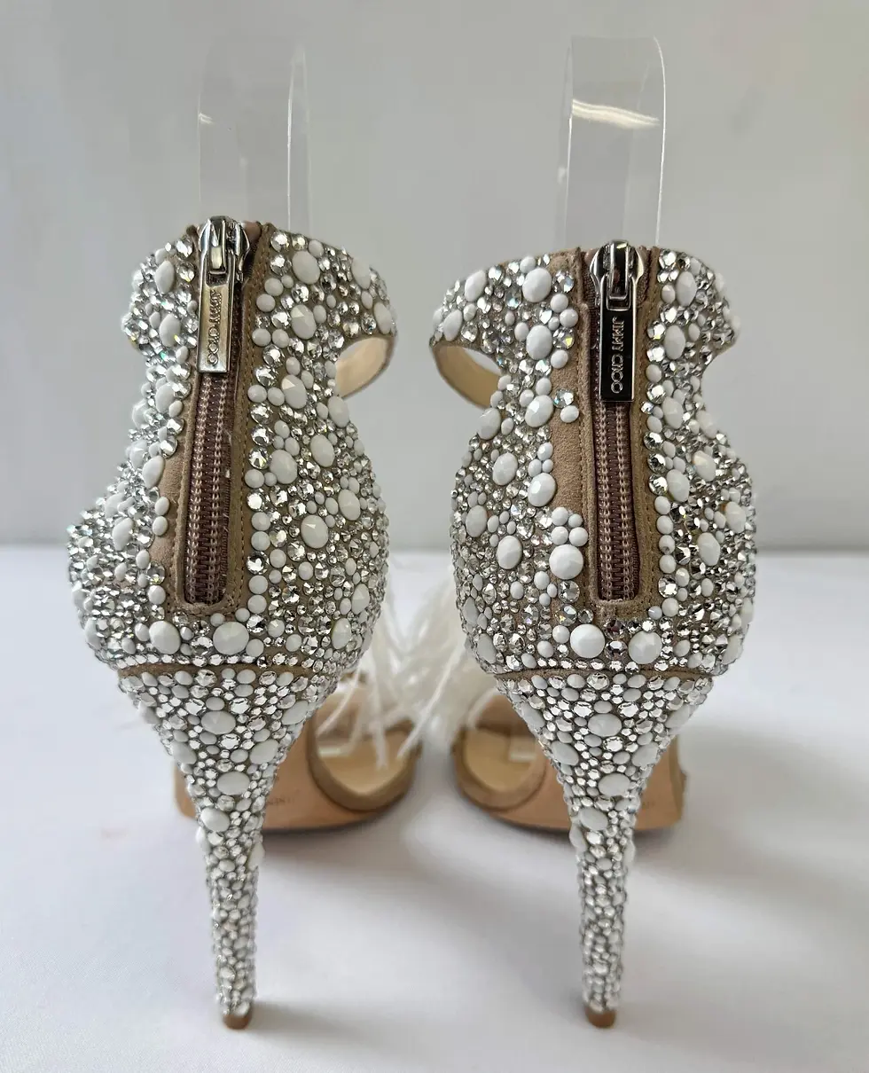 Thumbnail: JIMMY CHOO Viola 110 Crystal Suede Sandals 38.5 Beige White Ostrich Feather 8.5