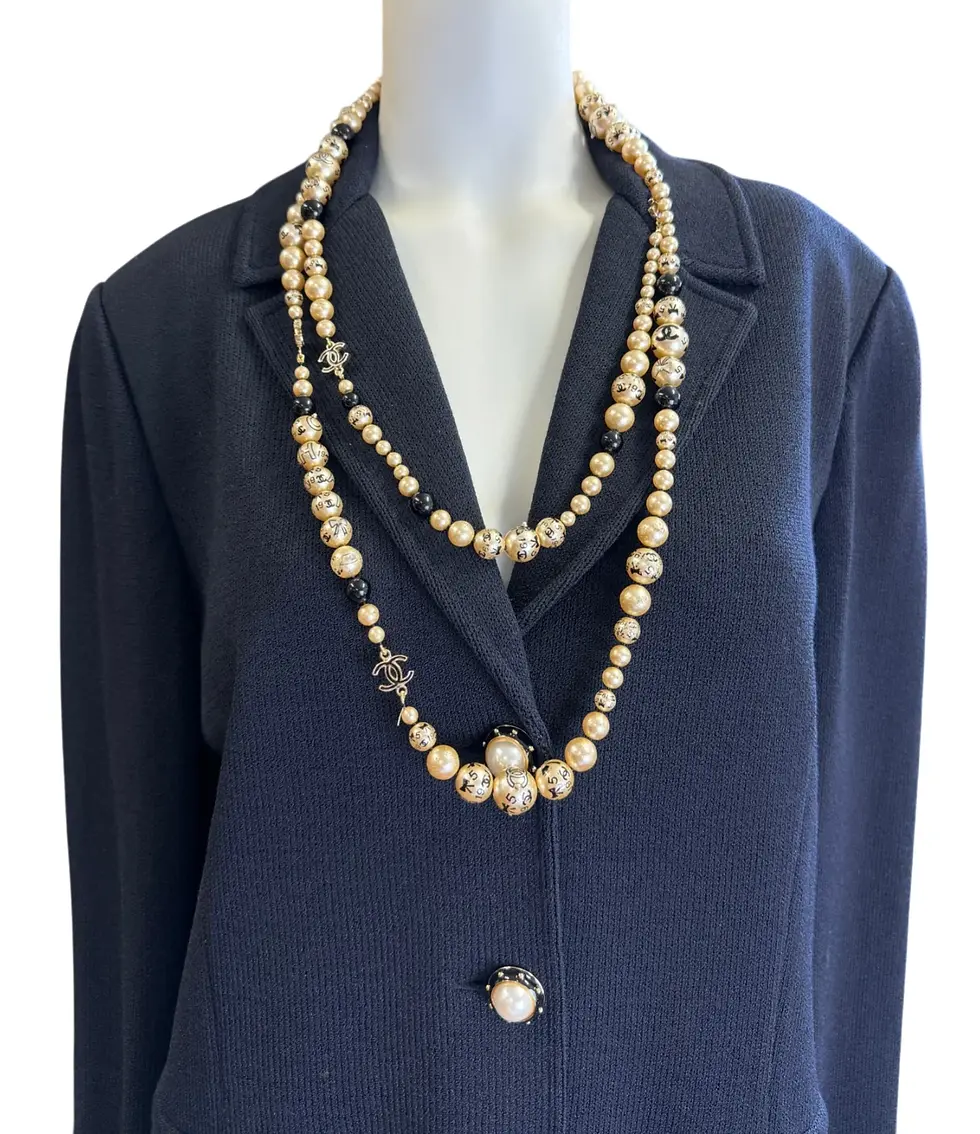 Thumbnail: CHANEL Faux Pearl Long Necklace Champagne Black CC 5 Bow Logo Autumn 2006